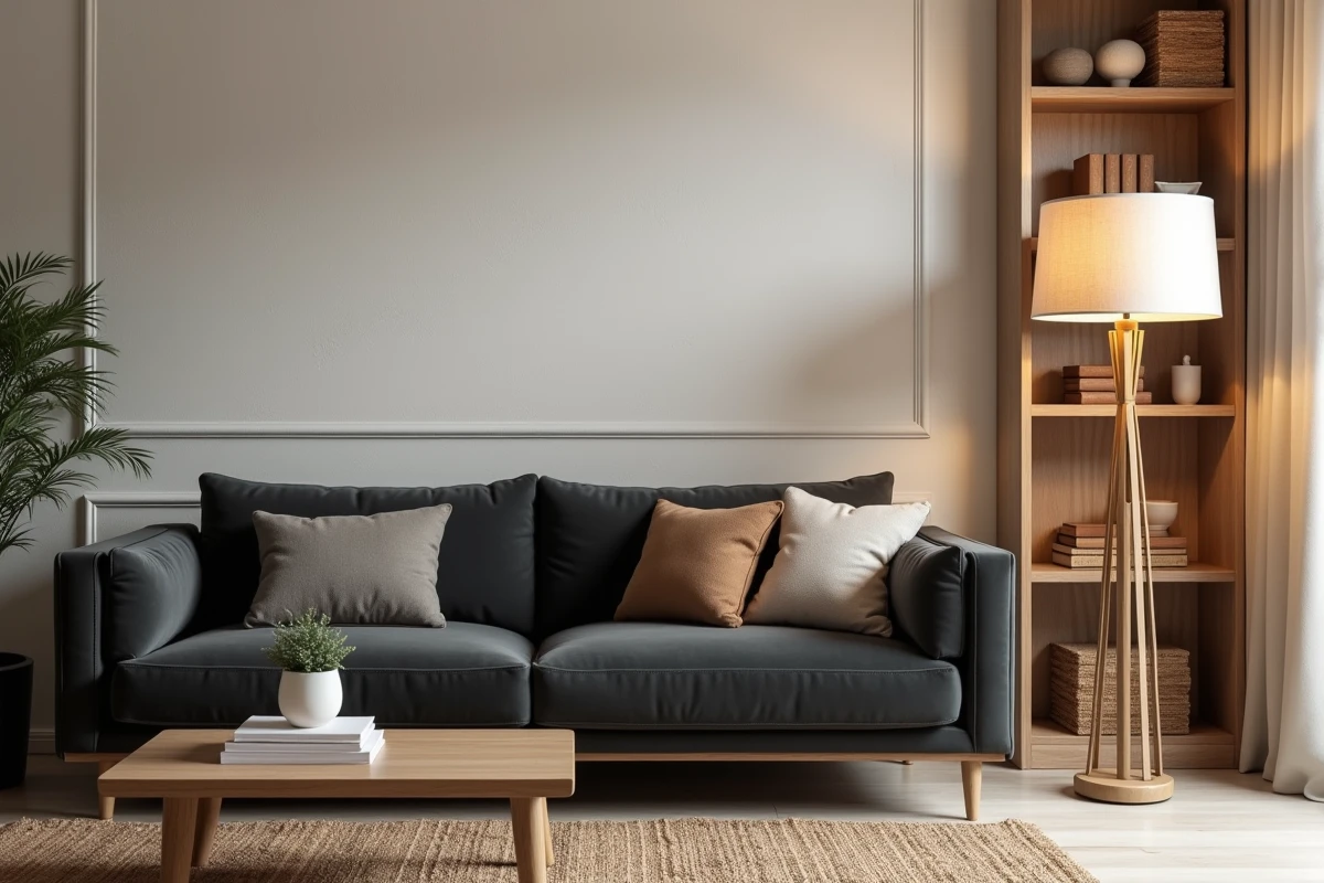 Lampadaire en lin dans un salon cosy avec canapé en velours et étagères décoratives
