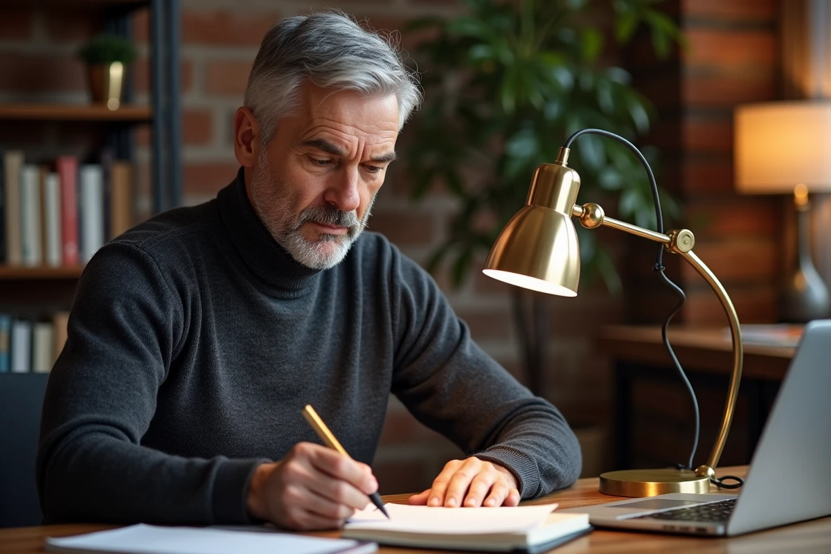 Homme réglant une lampe de bureau articulée en laiton dans un bureau à domicile