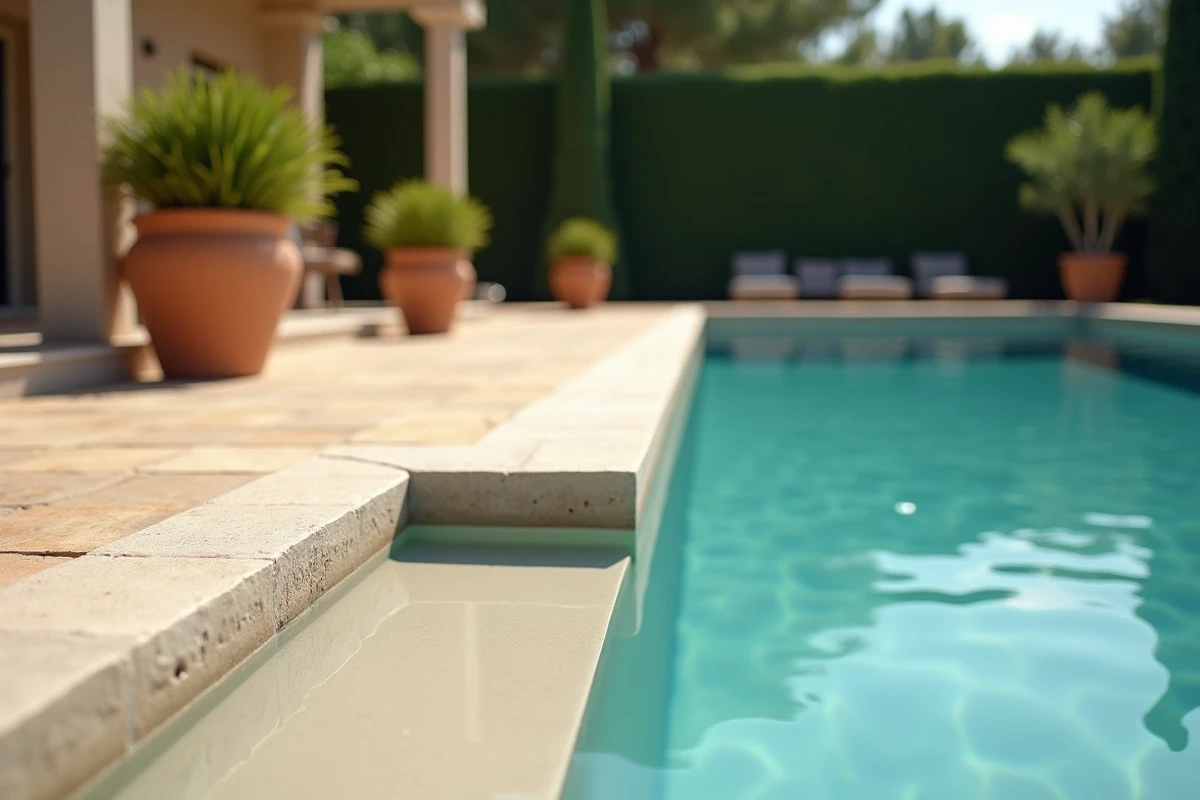 Banquette de piscine intégrée en béton clair avec largeur idéale visible sous l'eau, vue en plongée sur une piscine extérieure de style méditerranéen