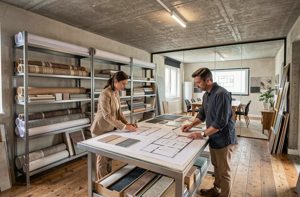 Architectes d'intérieur collaborant dans un atelier des Alpes-Maritimes avec plans et échantillons de matériaux sur table lumineuse