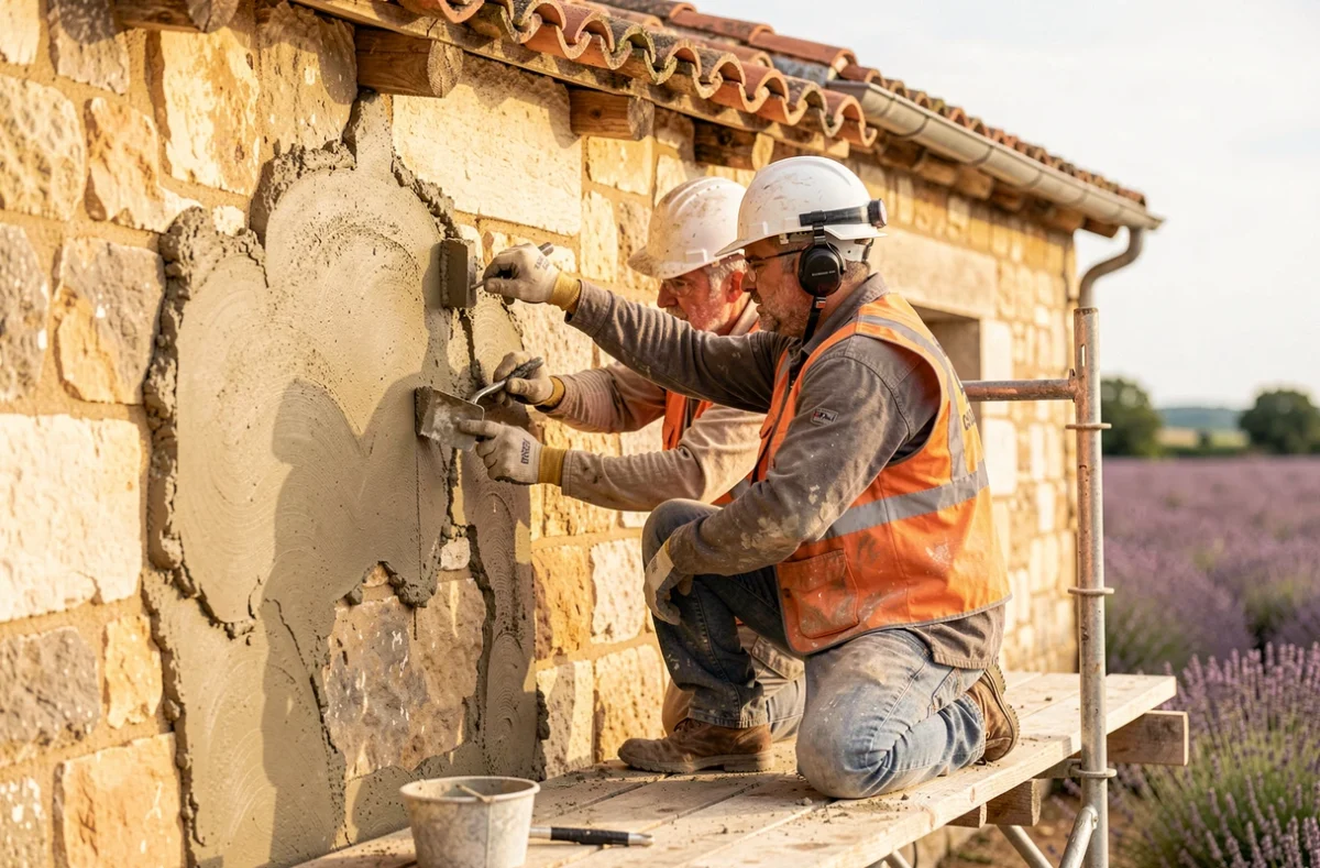 Ouvriers maçons réalisant un ravalement sur une maison en pierre dans la Drôme avec enduit traditionnel