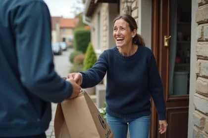 Mère de famille soulagée recevant une livraison de courses Carrefour à domicile devant sa maison