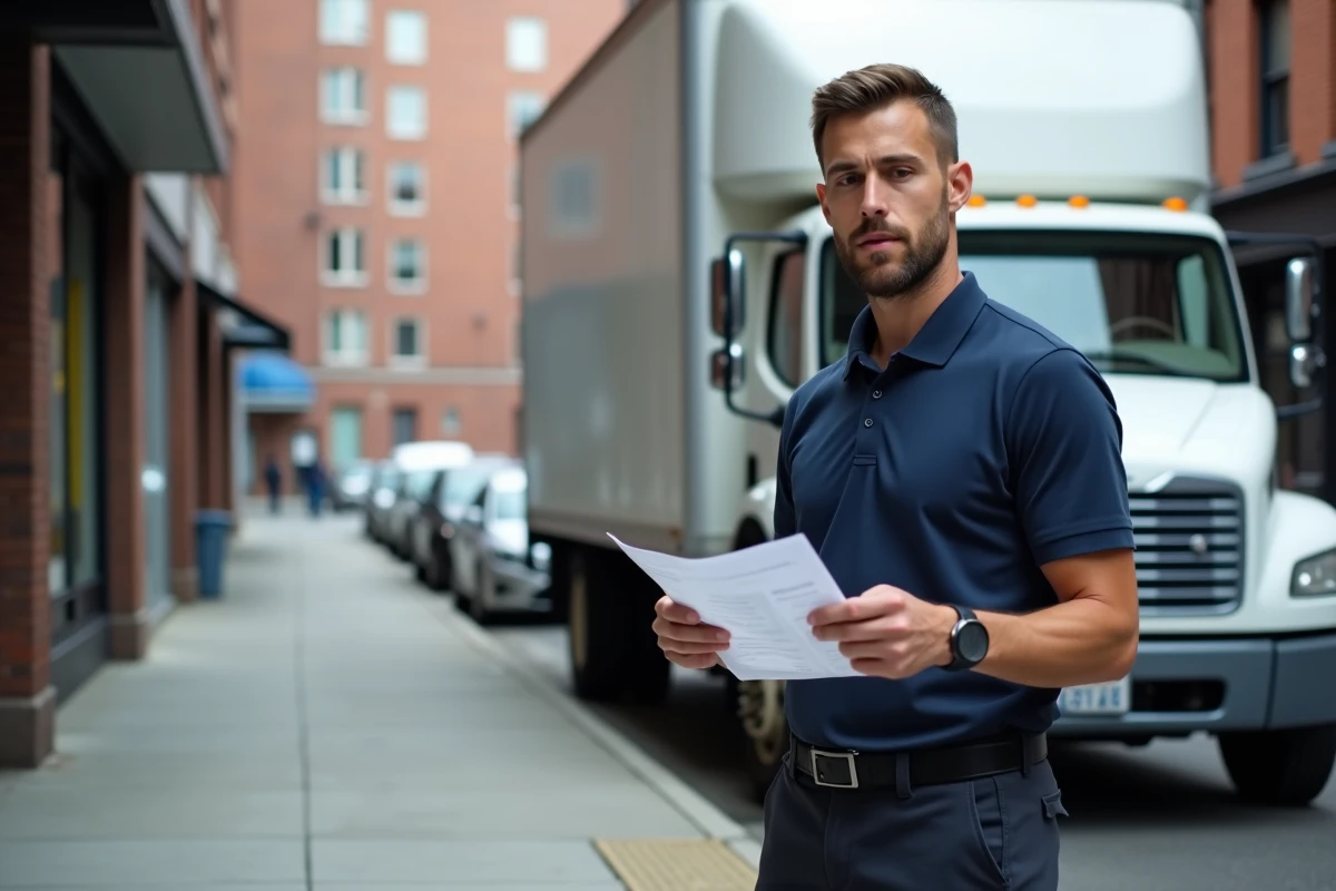 Homme tenant un contrat de location de camion devant un grand camion blanc en milieu urbain