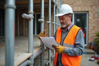 Ouvrier en gilet de sécurité orange inspectant un échafaudage aluminium loué devant une maison en rénovation