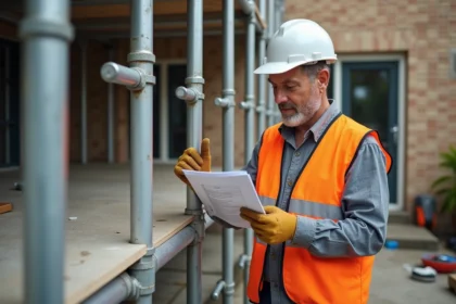 Ouvrier en gilet de sécurité orange inspectant un échafaudage aluminium loué devant une maison en rénovation
