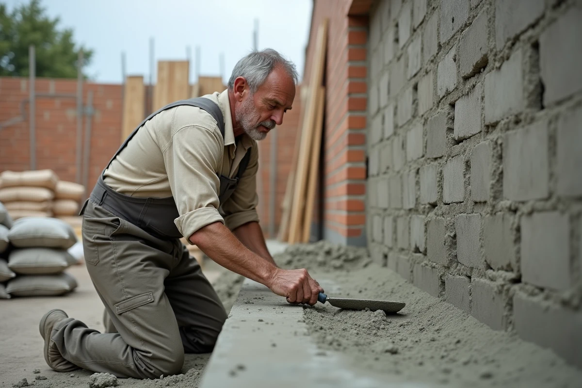 Maçon appliquant du mortier de ciment sur un mur de béton pour éviter les fissures