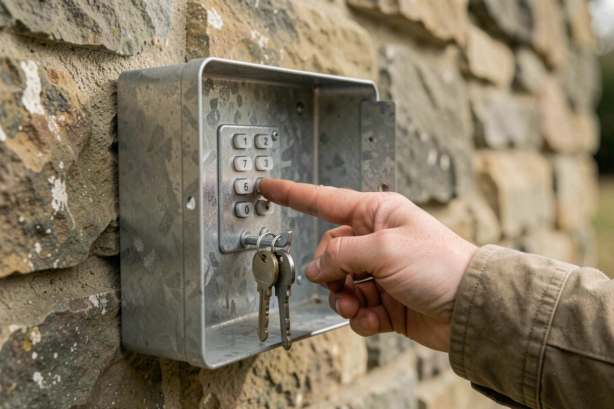 Main appuyant sur le code d'une boîte à clés murale extérieure en acier galvanisé avec compartiment ouvert sur mur en pierre