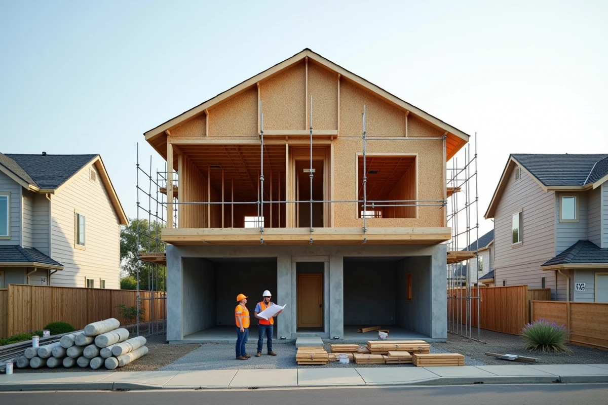 Maison à deux étages en cours de construction avec charpente en bois et échafaudages dans un quartier résidentiel