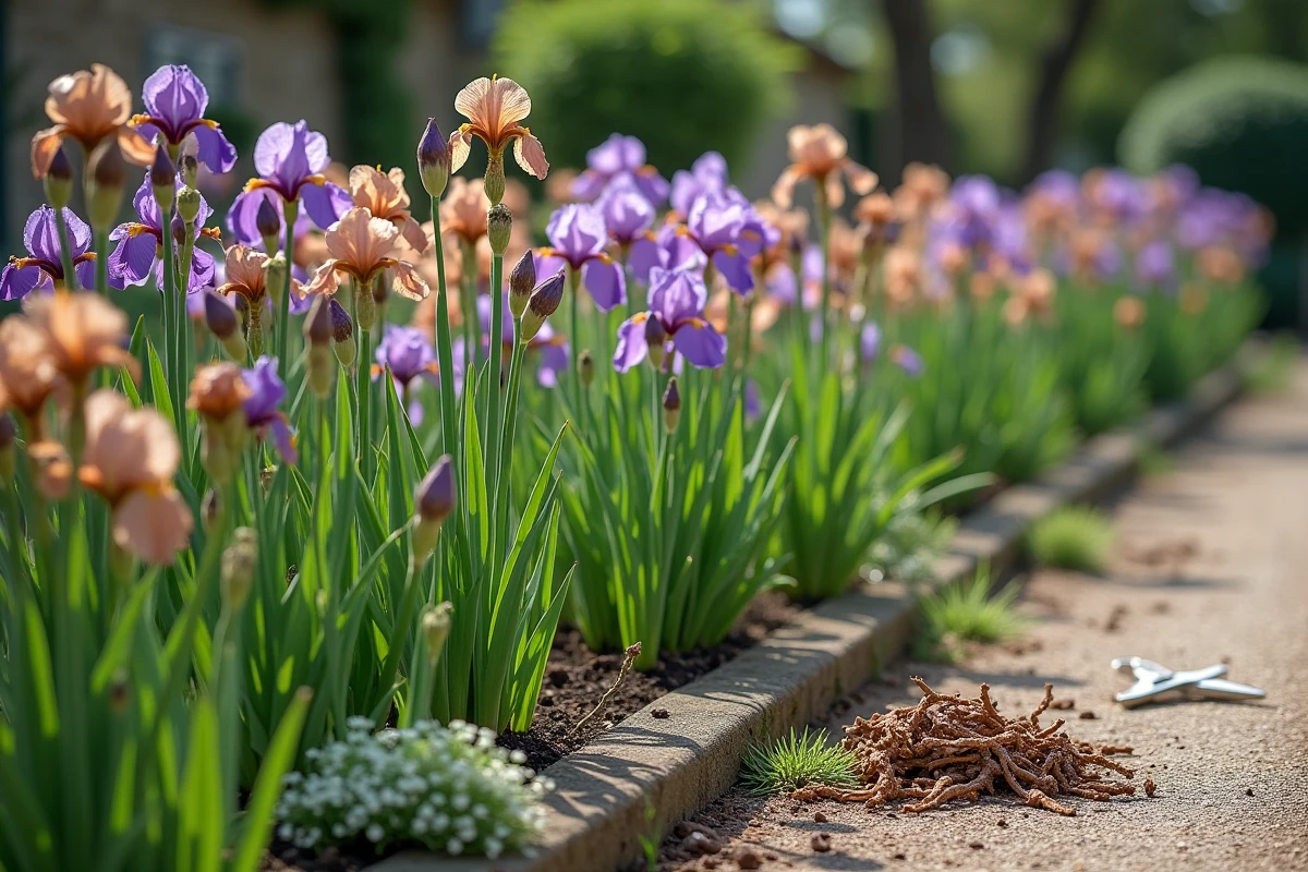 Massif d'iris en fin de floraison avec fleurs de lys fanées à couper, sécateur posé sur le bord du parterre