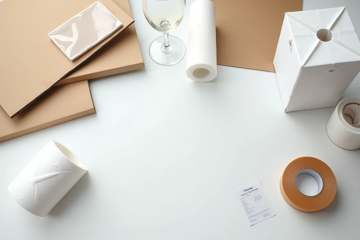 Vue aérienne des matériaux d'emballage pour objets fragiles : mousse, carton ondulé, film étirable et étiquettes fragile sur fond blanc