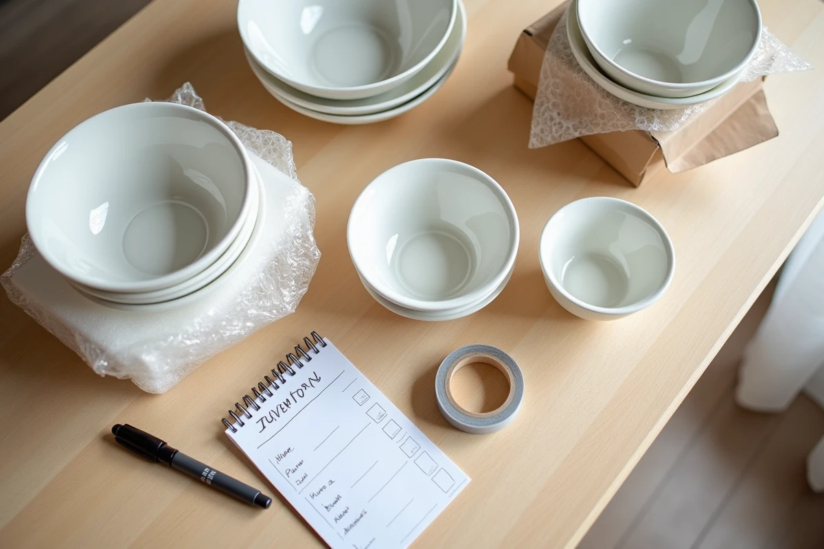 Vue aérienne du matériel d'emballage pour vaisselle avec papier bulle, mousse et cartons de déménagement