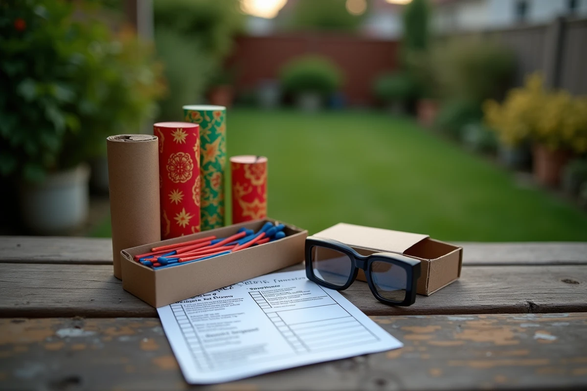 Matériel de tir de feu d'artifice pour particulier avec lunettes de protection et checklist de sécurité sur une table de jardin