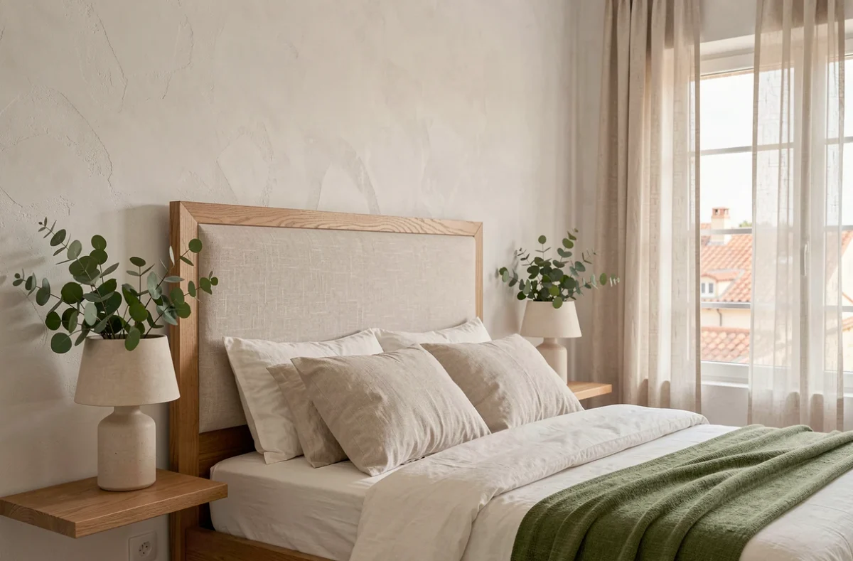 Chambre résidentielle à Nice réalisée par un architecte d'intérieur avec tête de lit en lin sur mesure et finitions microcement