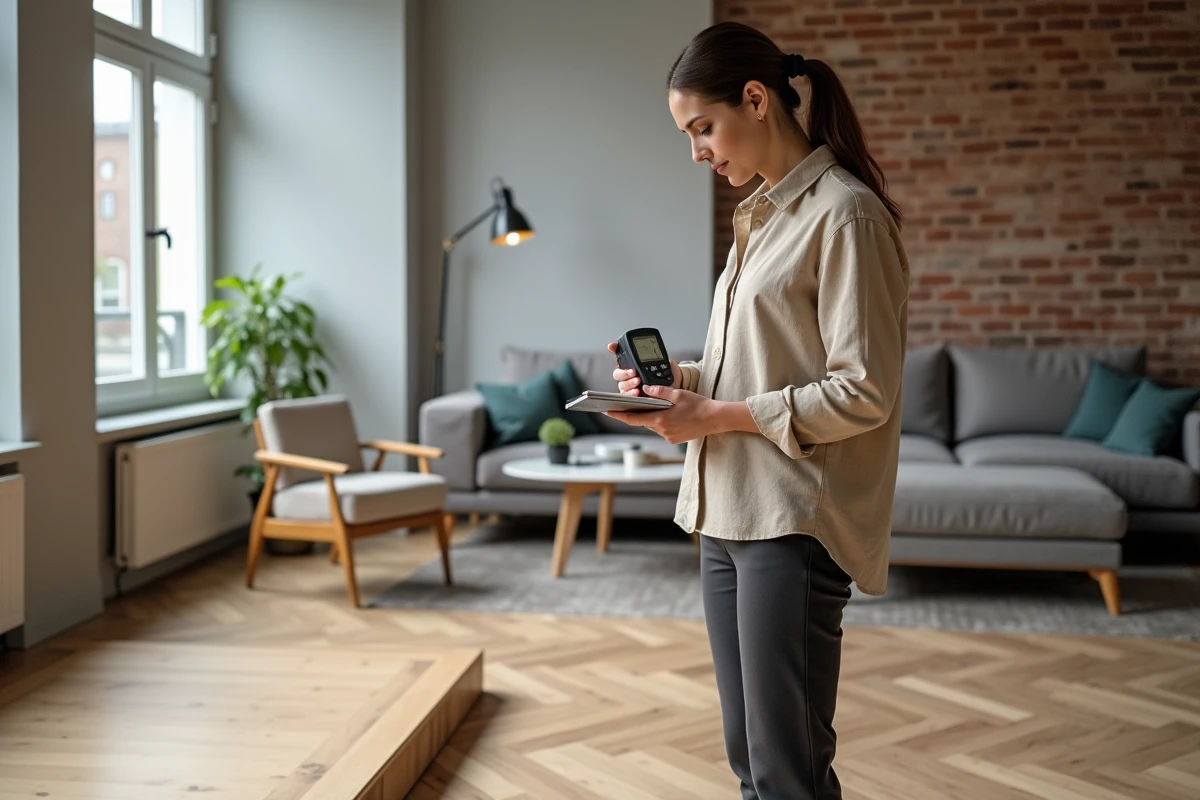 Femme mesurant le taux d'humidité d'un parquet en chevrons dans un appartement moderne