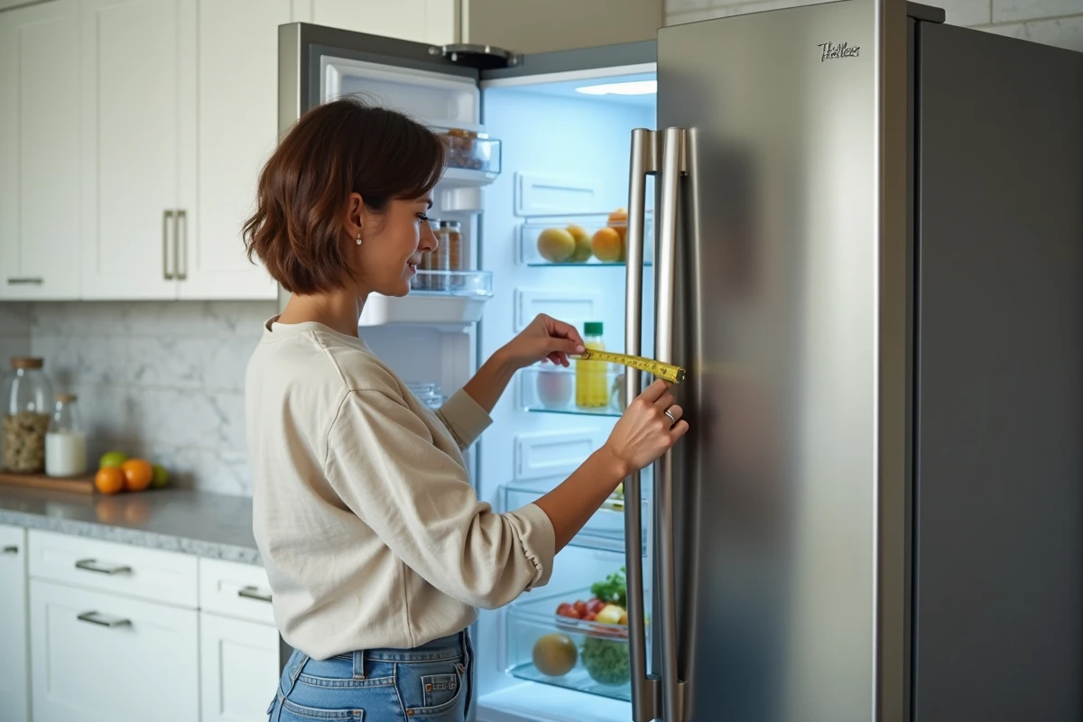 Femme mesurant l'intérieur d'un réfrigérateur avec un mètre ruban dans une cuisine moderne