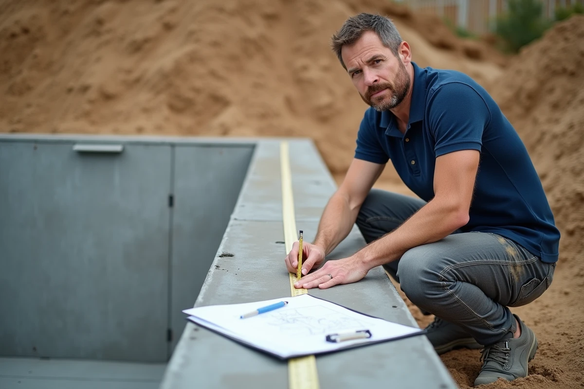 Constructeur de piscine mesurant la largeur d'une banquette en béton brut lors de la construction, avec ruban de mesure et plan technique