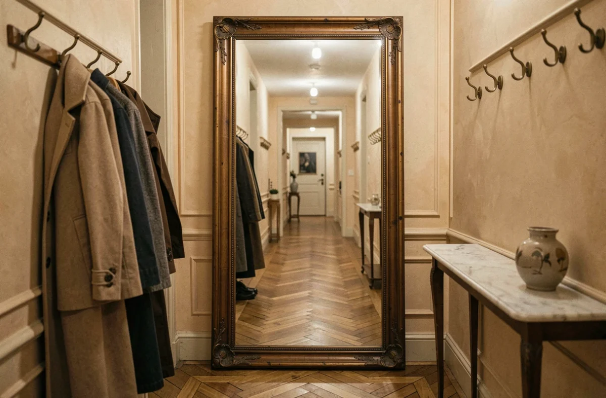 Miroir ancien sol-plafond dans un couloir parisien étroit créant une illusion d'espace