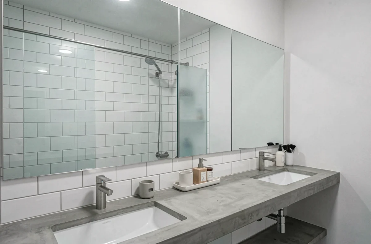 Miroir sans cadre sur toute la longueur d'un meuble vasque dans une salle de bain moderne pour agrandir la pièce