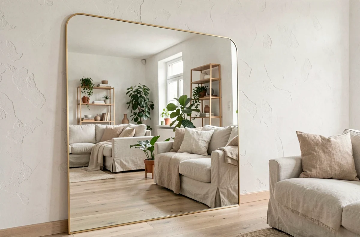 Grand miroir doré dans un salon scandinave blanc agrandissant visuellement l'espace