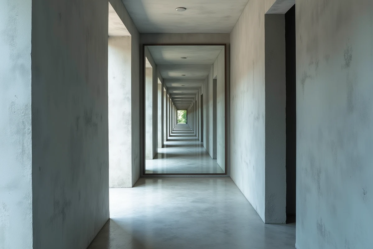 Deux miroirs face à face dans un couloir d'appartement moderne créant un effet de reflets infinis en enfilade
