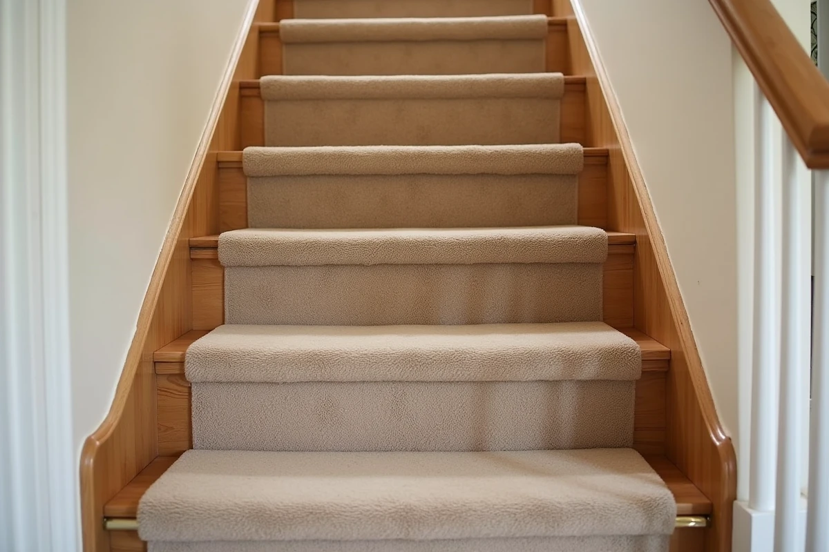 Escalier familial recouvert d'une moquette isolante thermique beige à poils mi-longs fixée par des tringles en laiton poli