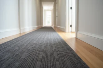 Couloir résidentiel moderne avec moquette isolante thermique gris anthracite à motifs géométriques posée sur parquet chêne clair
