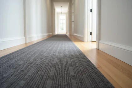 Couloir résidentiel moderne avec moquette isolante thermique gris anthracite à motifs géométriques posée sur parquet chêne clair