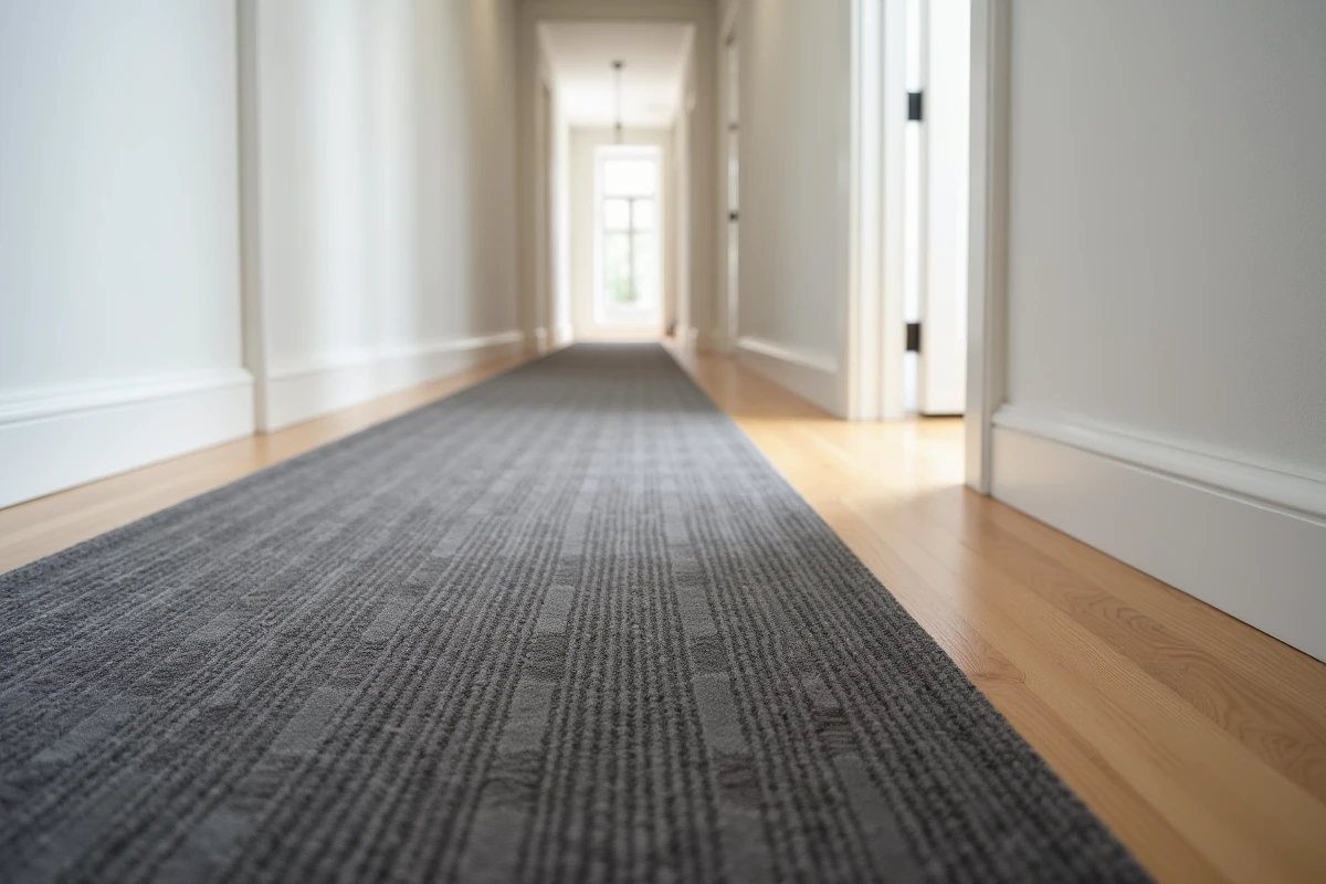 Couloir résidentiel moderne avec moquette isolante thermique gris anthracite à motifs géométriques posée sur parquet chêne clair
