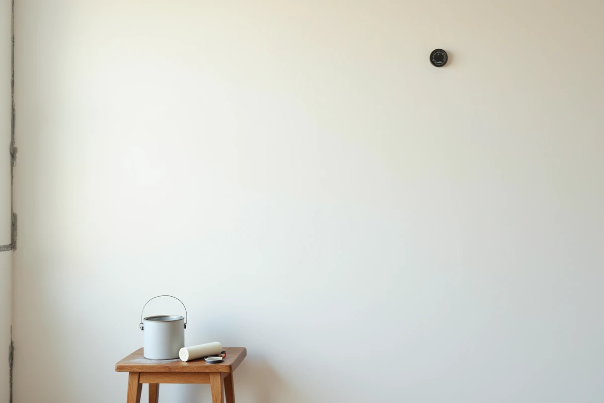 Mur de cuisine lavé en cours de séchage avec matériel de peinture en attente posé sur une chaise