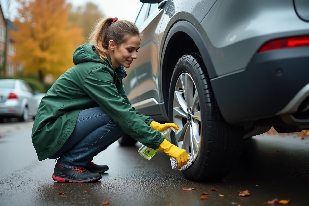 Femme nettoyant des crottes de fouine sous la carrosserie d'un SUV gris avec des gants en caoutchouc et un spray désinfectant dans un parking résidentiel