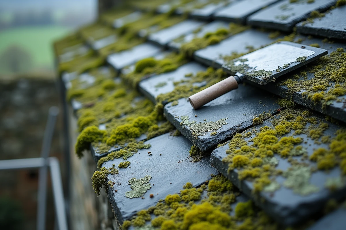 Gros plan d'une toiture en ardoise montrant la différence entre les tuiles nettoyées et celles encore recouvertes de mousse et lichen verts