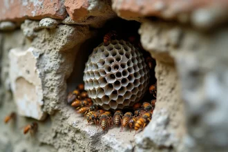 Nid de guêpes actif visible dans une fissure de mur en pierre, avec des guêpes volant à l'entrée