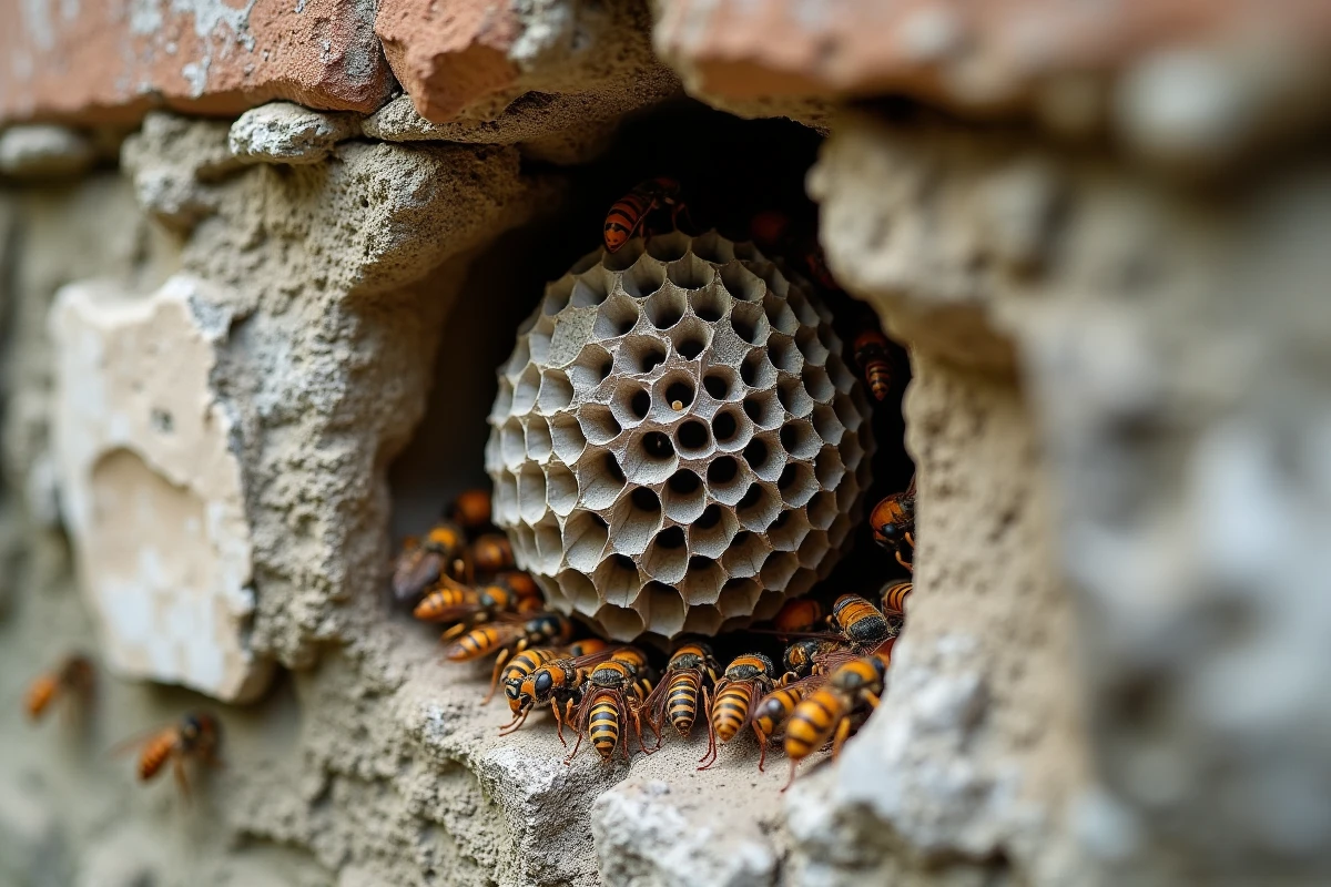 Nid de guêpes actif visible dans une fissure de mur en pierre, avec des guêpes volant à l'entrée
