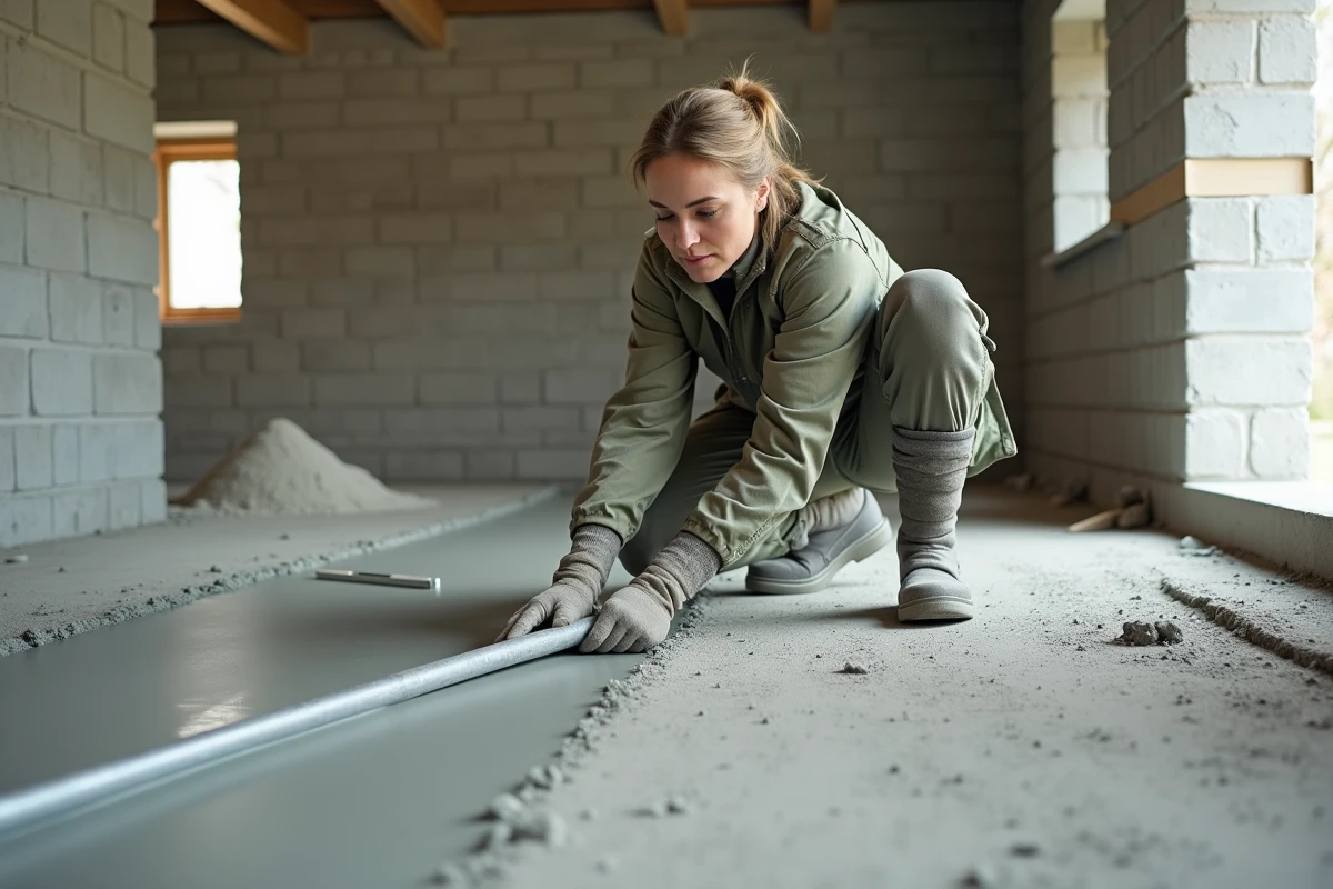 Femme réalisant la mise à niveau d'une chape maigre à l'intérieur d'une maison en rénovation avec une règle en aluminium