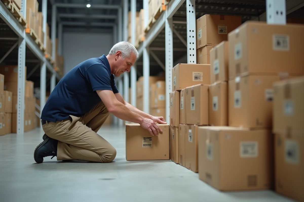 Homme organisant des cartons en entrepôt avec un rangement optimisé par empilement
