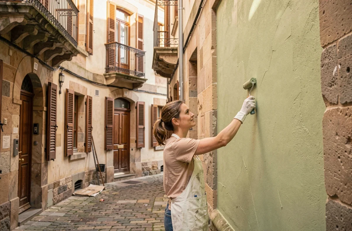 Façadière appliquant un enduit à la chaux traditionnel sur un immeuble lyonnais en pierre