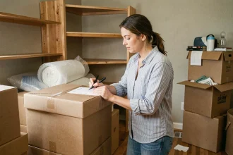 Femme organisant et étiquetant des cartons de déménagement dans un salon en cours de vidage