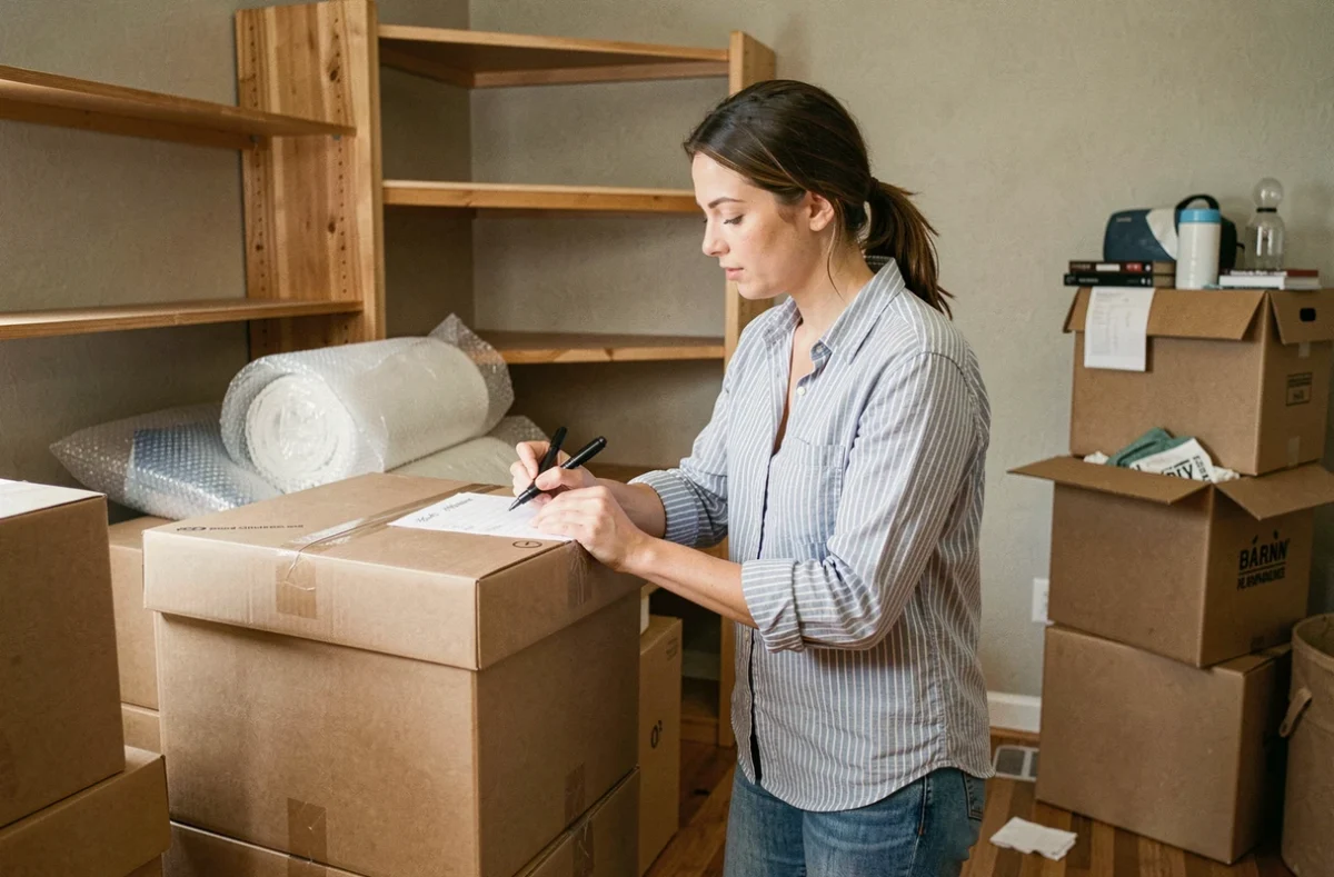 Femme organisant et étiquetant des cartons de déménagement dans un salon en cours de vidage