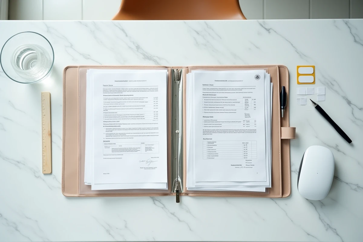 Vue en plongée de documents importants triés dans des pochettes transparentes et un classeur accordéon sur un bureau en marbre blanc