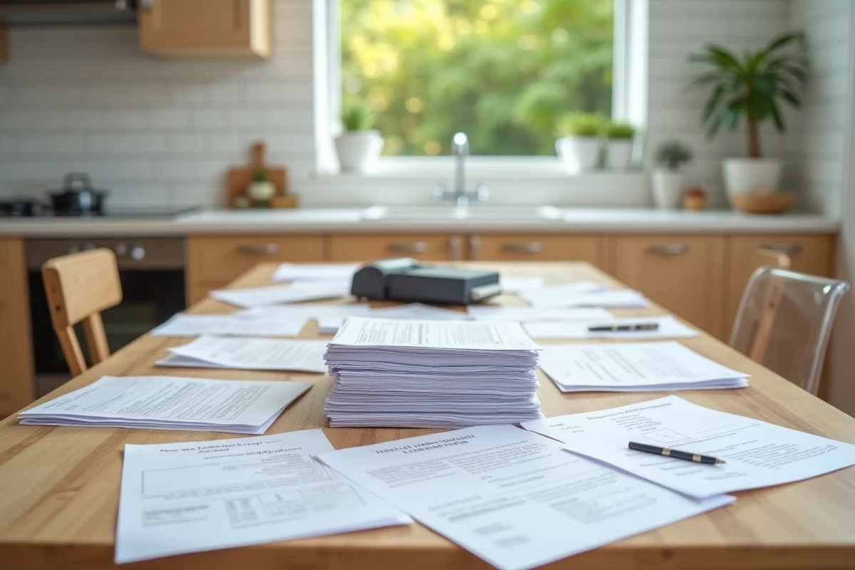 Vue de dessus d'une table de cuisine avec des documents ménagers triés en piles ordonnées avec une étiqueteuse et des pochettes plastiques transparentes