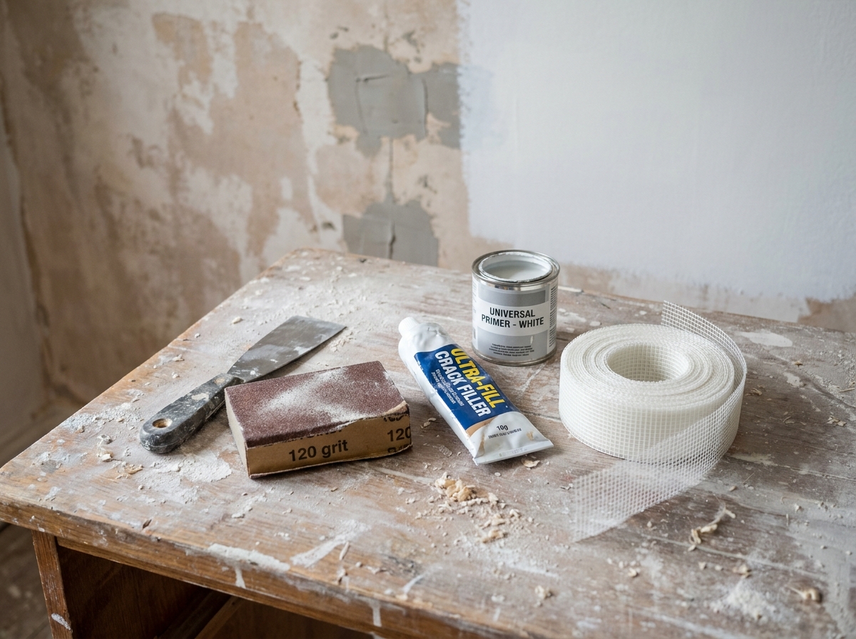 Outils de préparation des murs posés sur un établi dans un salon en rénovation avant peinture