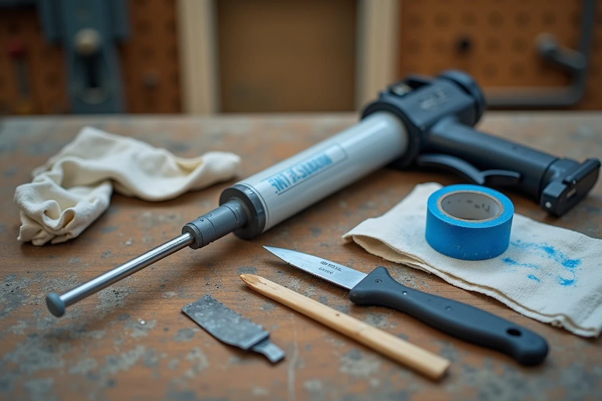 Outils de scellement de fenêtres disposés sur un établi : pistolet à mastic, ruban de masquage et spatule