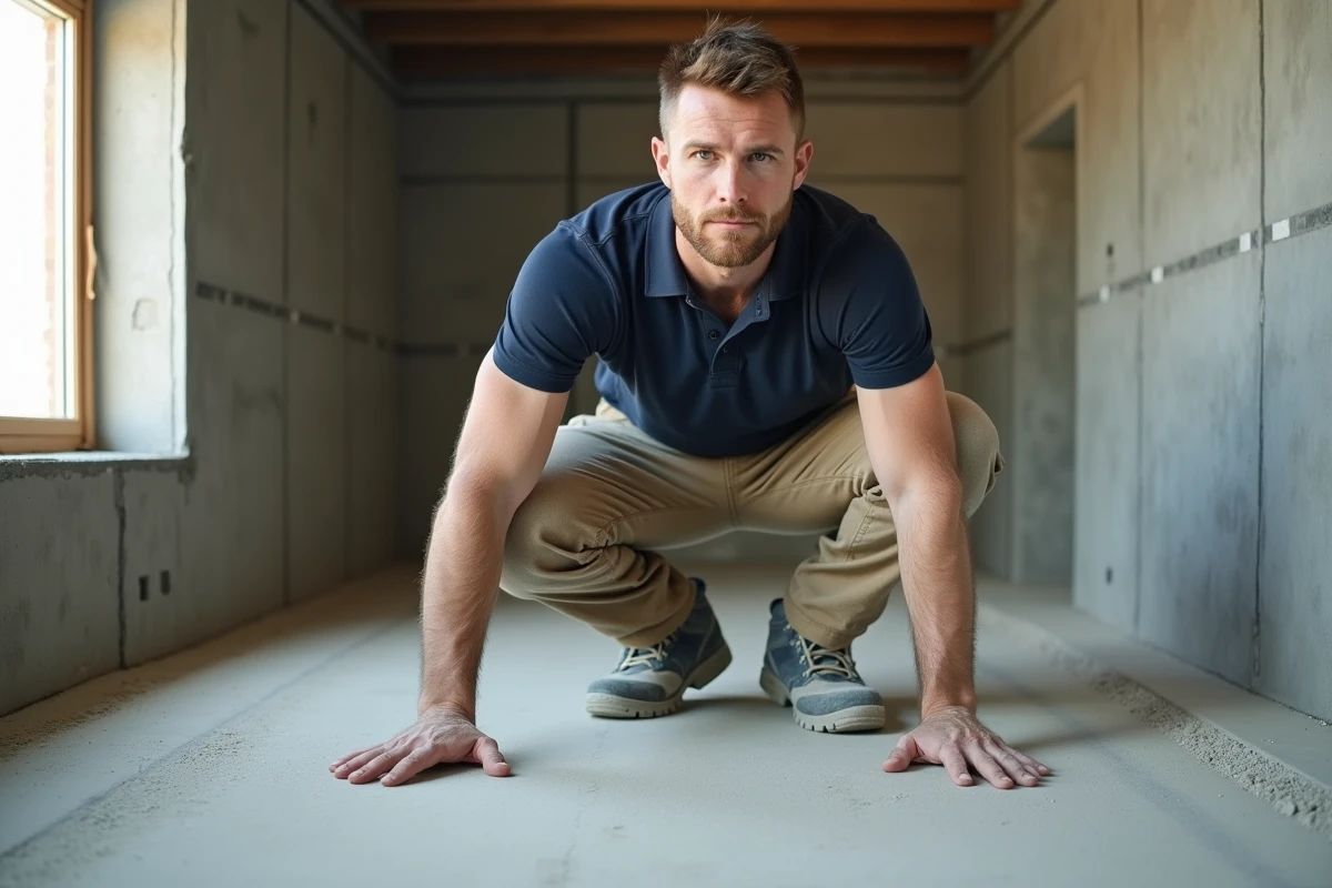 Professionnel du bâtiment inspectant un surbot béton dans une maison passive en cours de construction