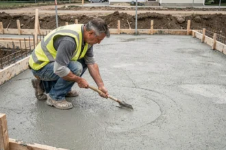 Ouvrier professionnel lissant une dalle béton fraîchement coulée sur un chantier résidentiel extérieur