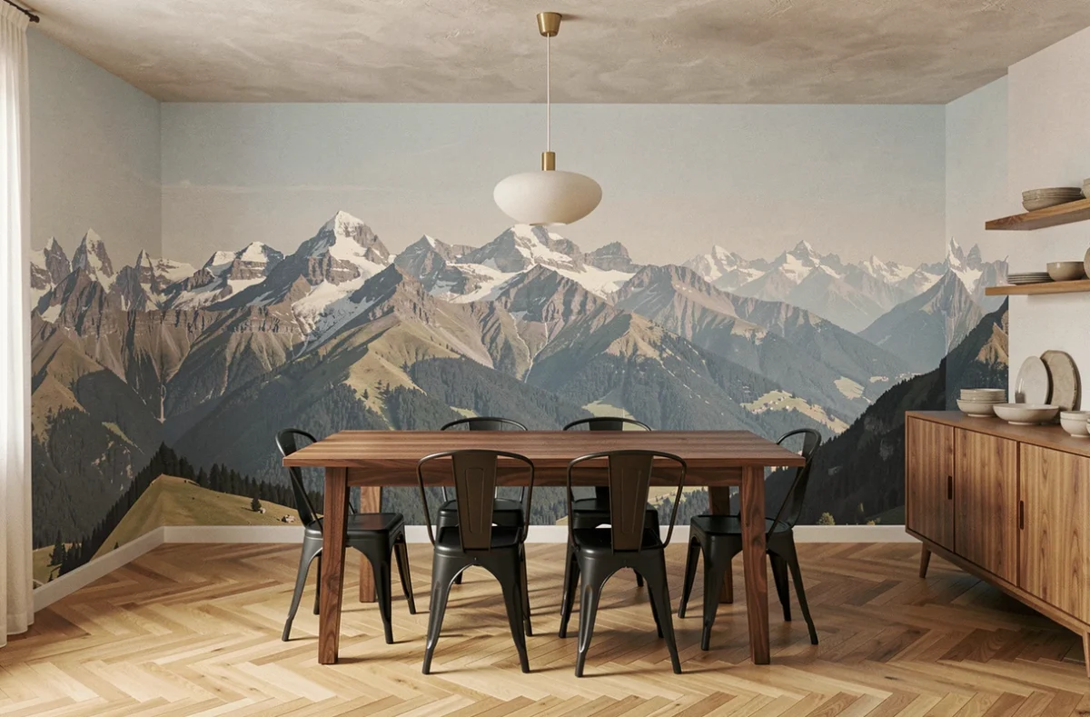 Salle à manger contemporaine avec papier peint panoramique paysage montagneux et table en noyer sur parquet en chêne