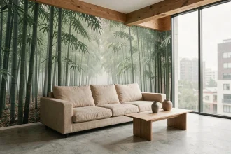 Salon moderne avec papier peint panoramique forêt de bambous japonais et canapé en lin beige sur sol en béton poli