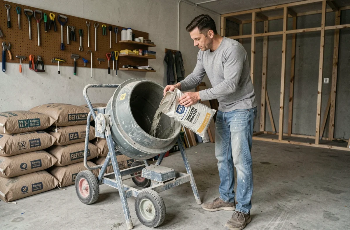 Particulier réalisant lui-même une dalle béton en mélangeant du ciment avec une bétonnière louée dans son garage