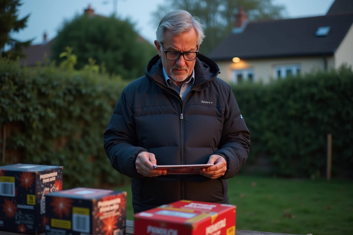 Homme lisant attentivement la notice d'un feu d'artifice pour particulier dans un jardin suburban