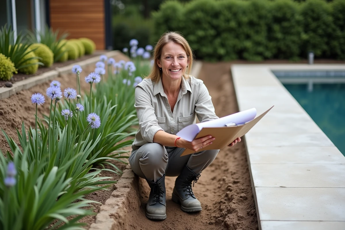 Paysagiste professionnelle supervisant la plantation de végétaux autour d'une piscine résidentielle avec plan d'aménagement