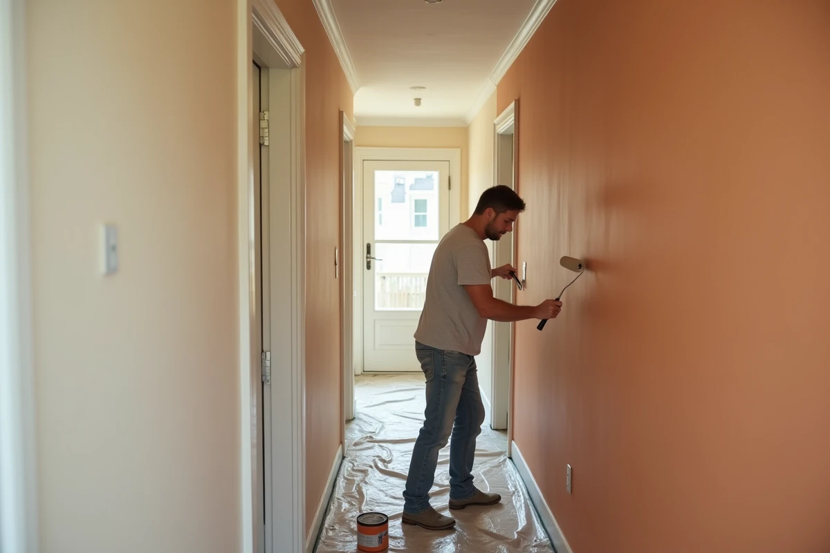 Personne en train de peindre un couloir étroit avec deux couleurs, appliquant de la peinture terracotta sur la partie basse d'un mur